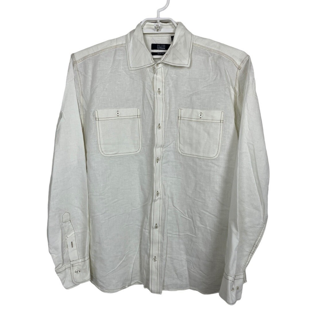 Blue Saks Fifth Ave Coastal Slim Fit L Bone Tan Linen Blend Button Up L/S Shirt